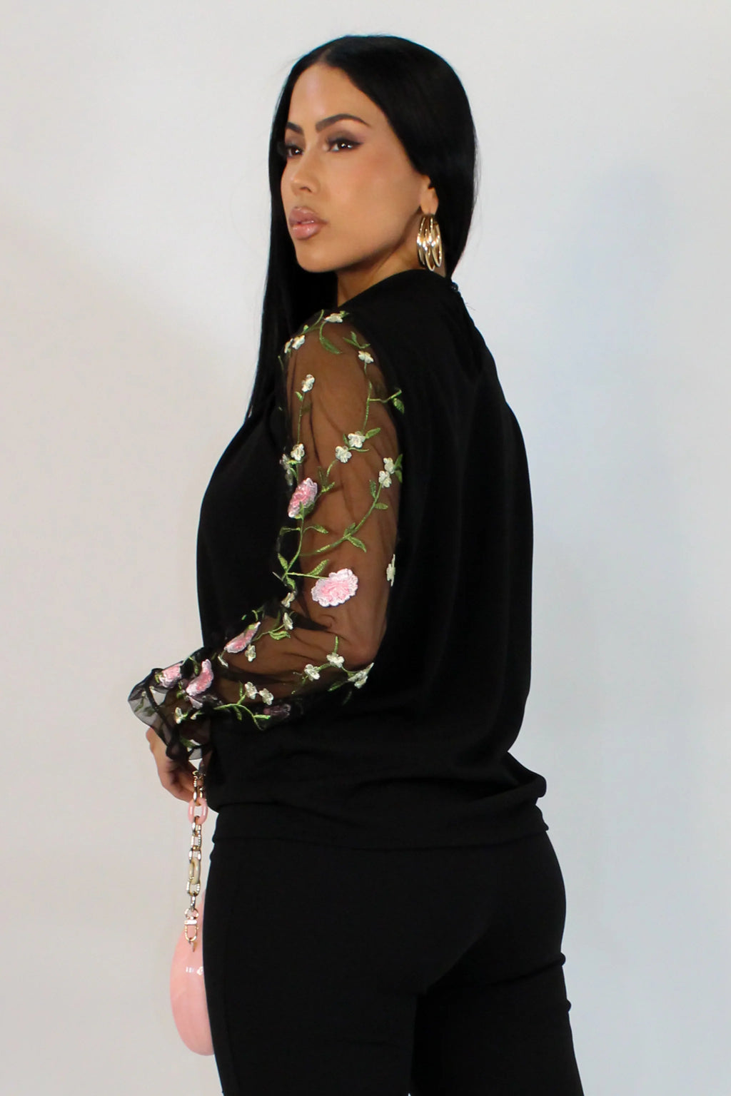 Glamour Embroidered Sleeve Blouse - Black