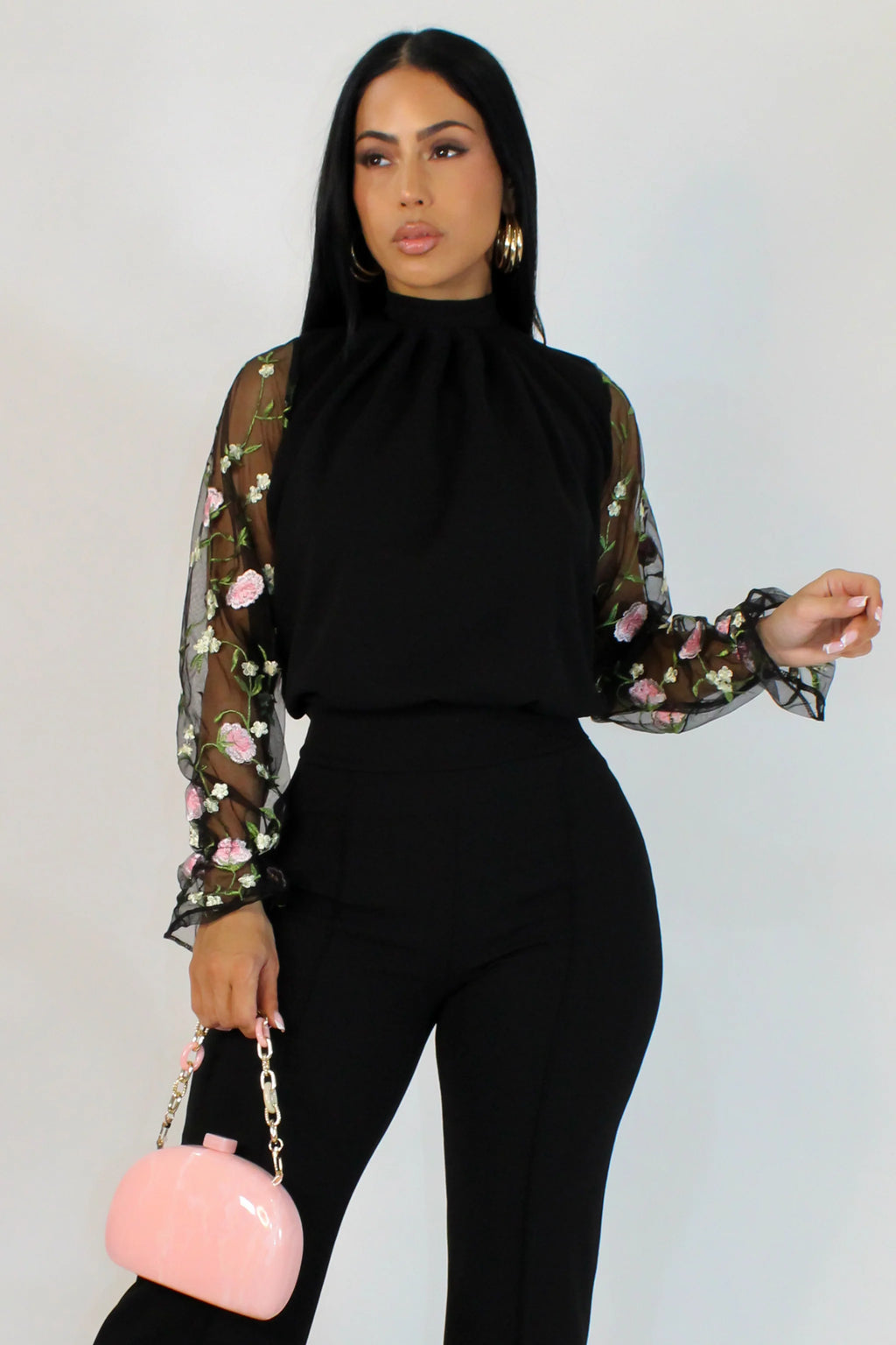 Glamour Embroidered Sleeve Blouse - Black