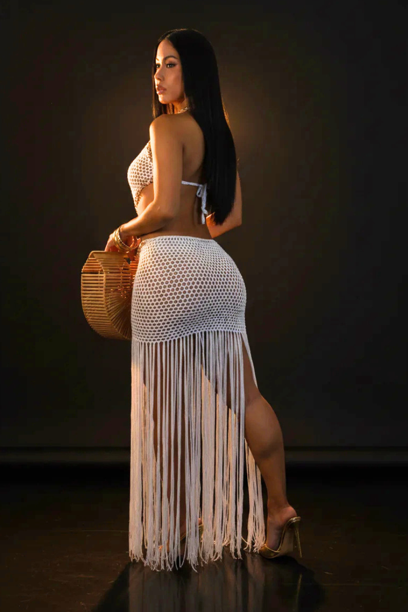 Luxury Knit Fringe Dress – White